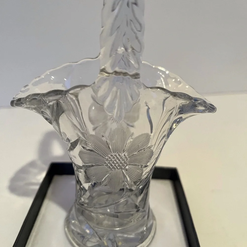 Vintage Petite Etched Glass Basket with Handle
